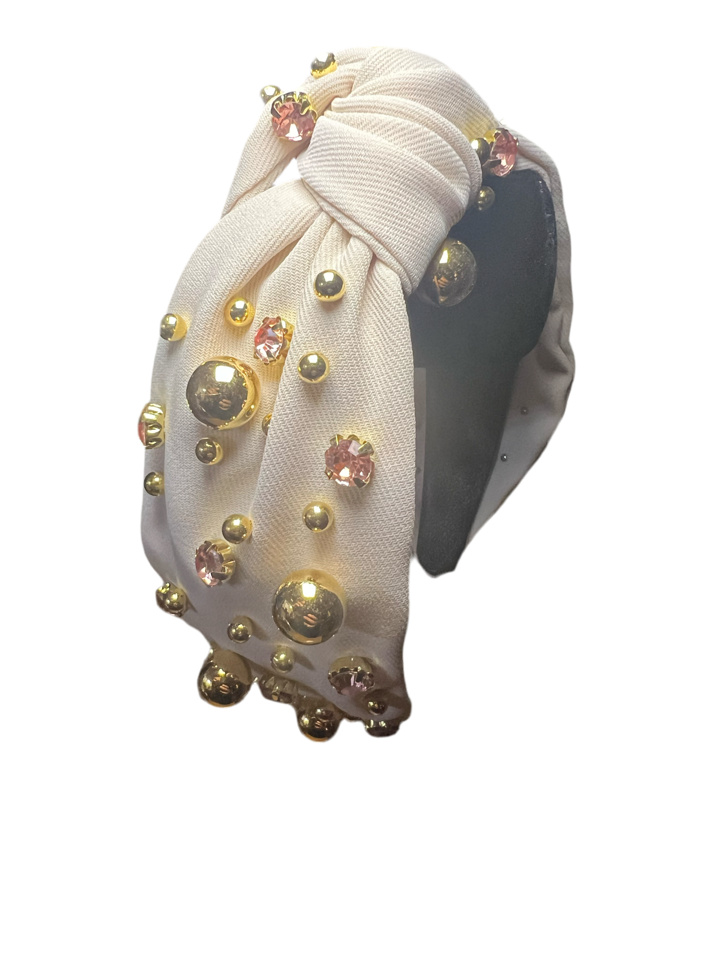 Biege headband with faux gold beads and gems decor