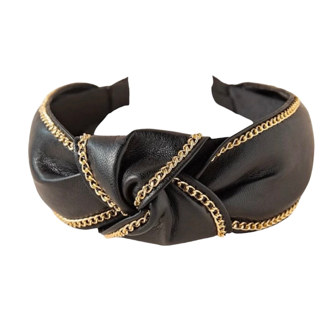 Black faux leather with gold chain decor