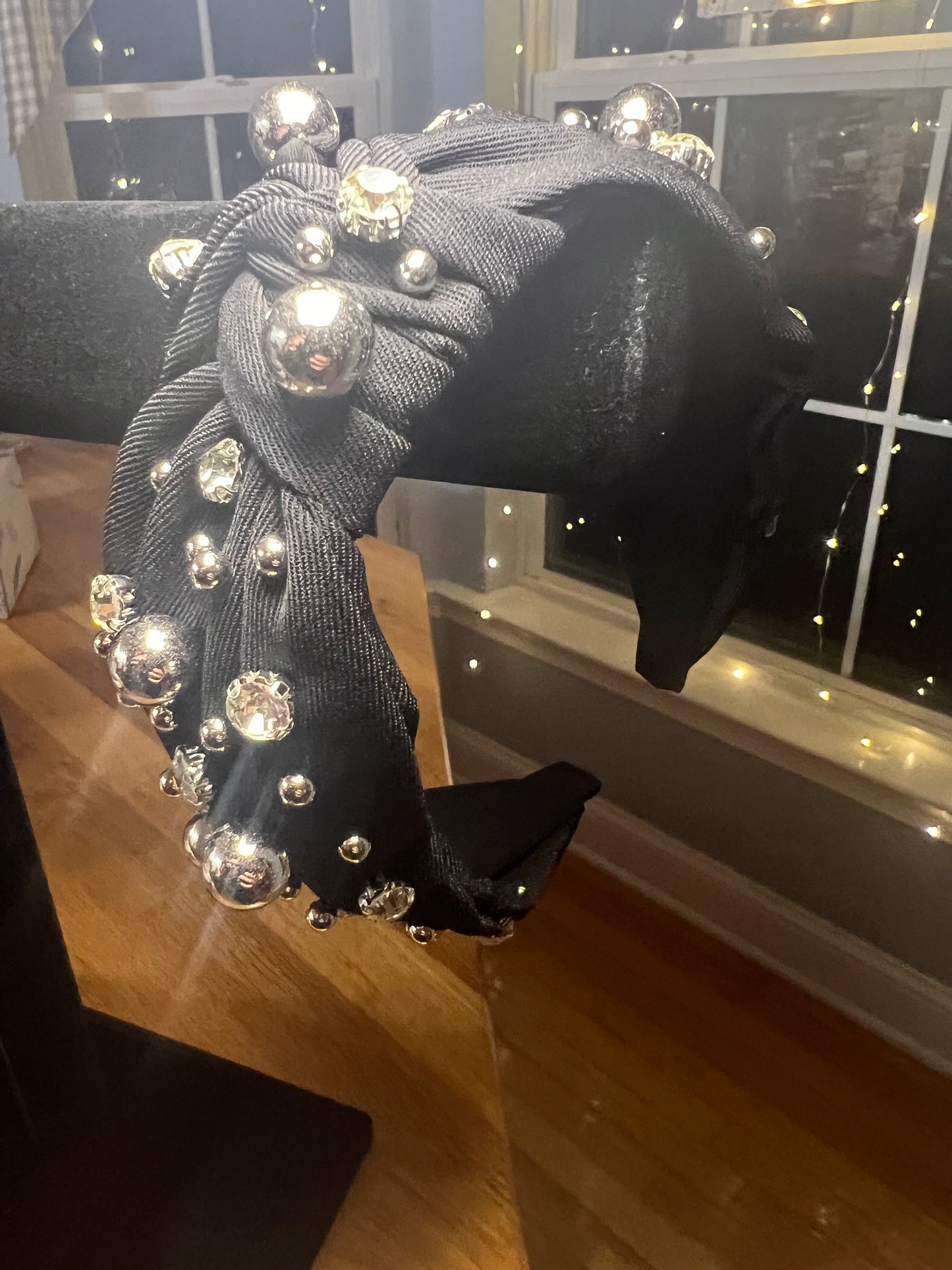 Black headband with silver beads and faux gems