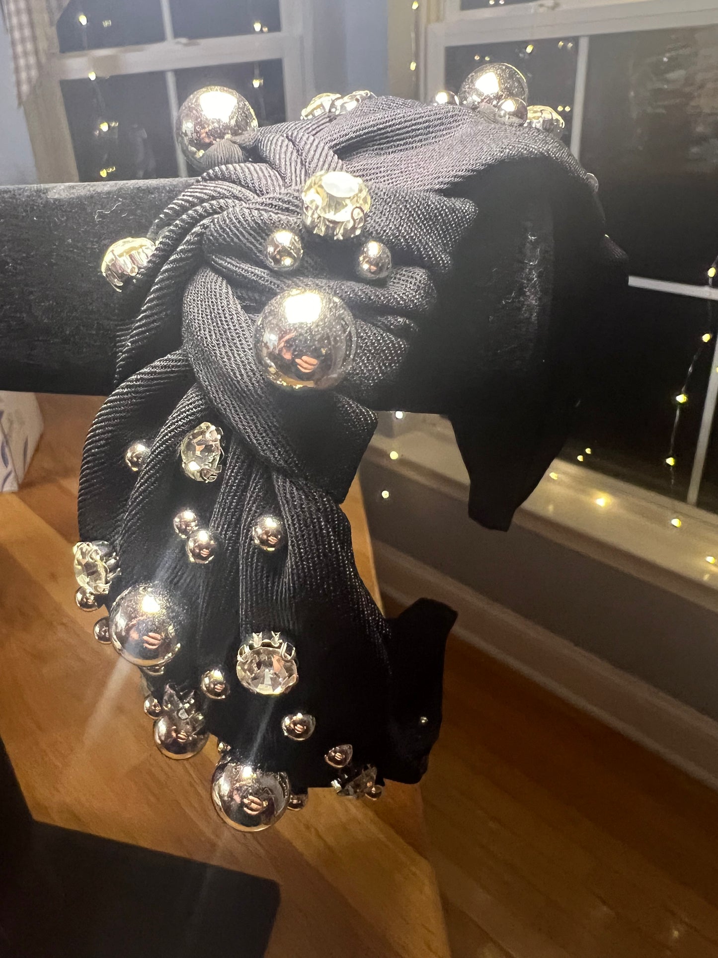 Black headband with silver beads and faux gems