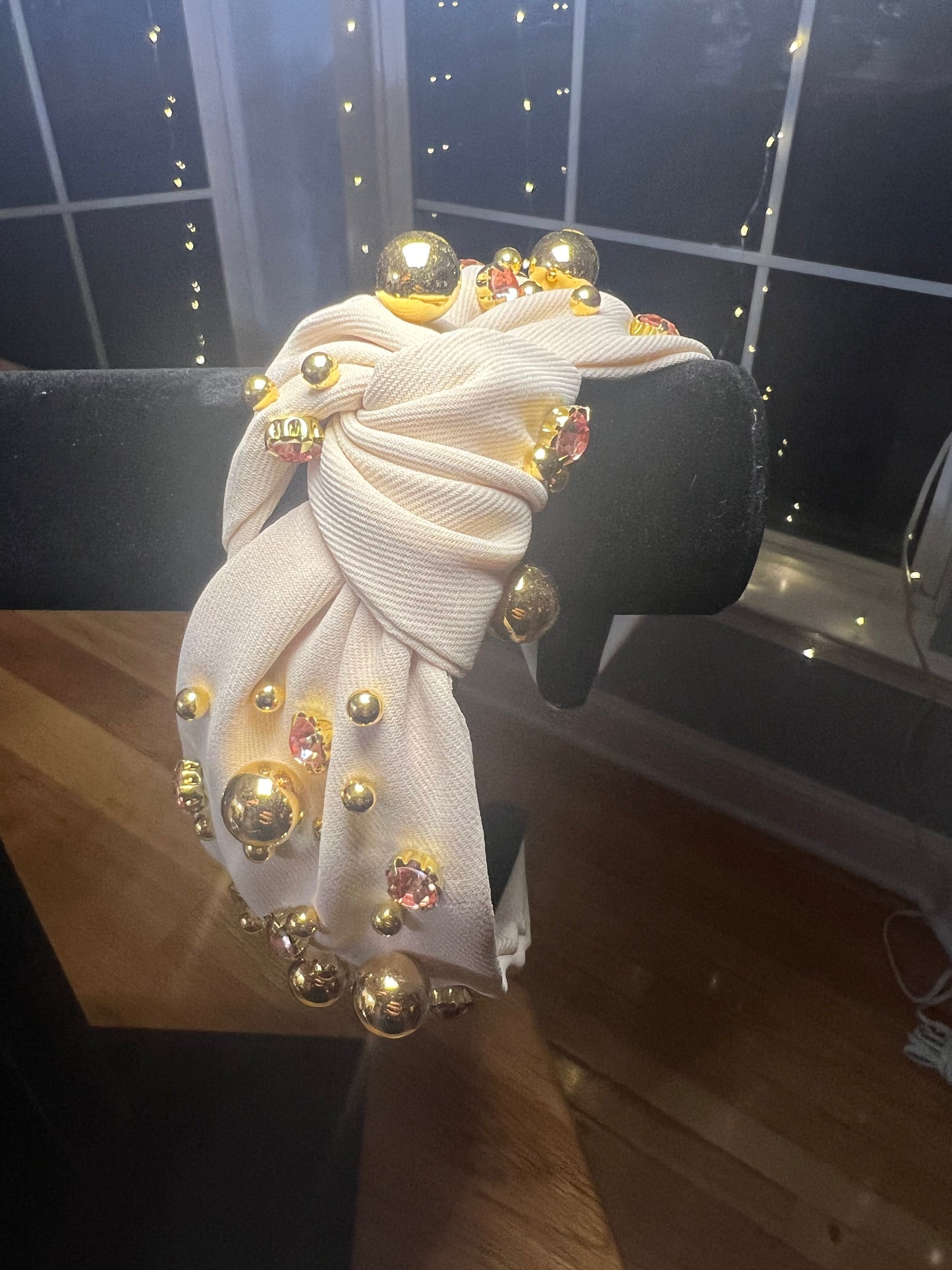 Biege headband with faux gold beads and gems decor