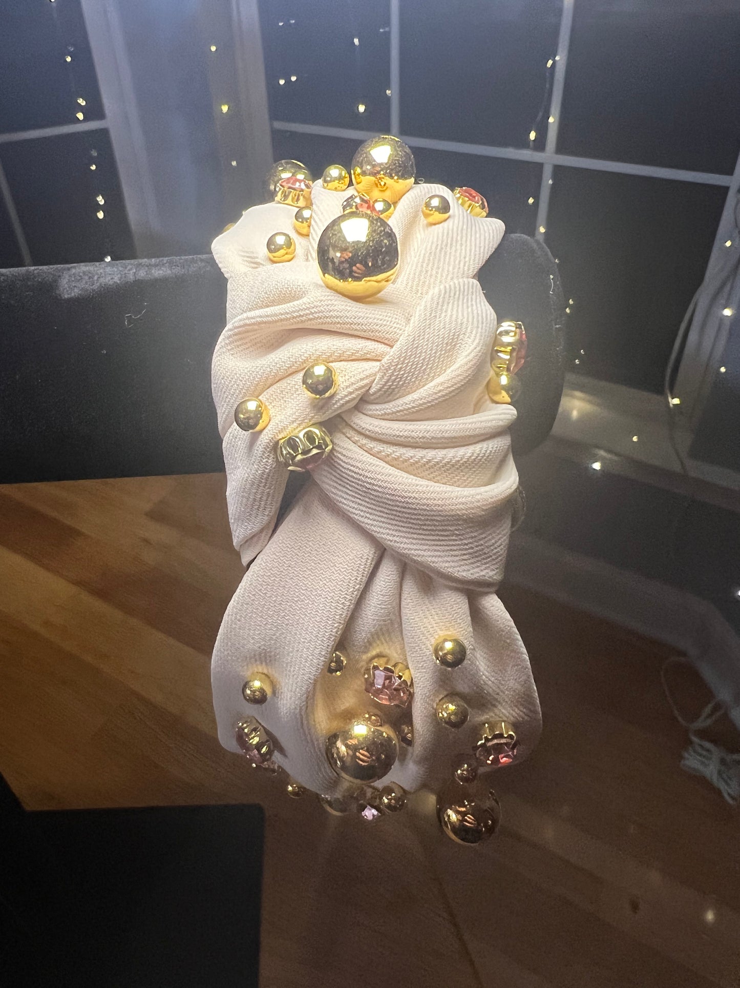 Biege headband with faux gold beads and gems decor