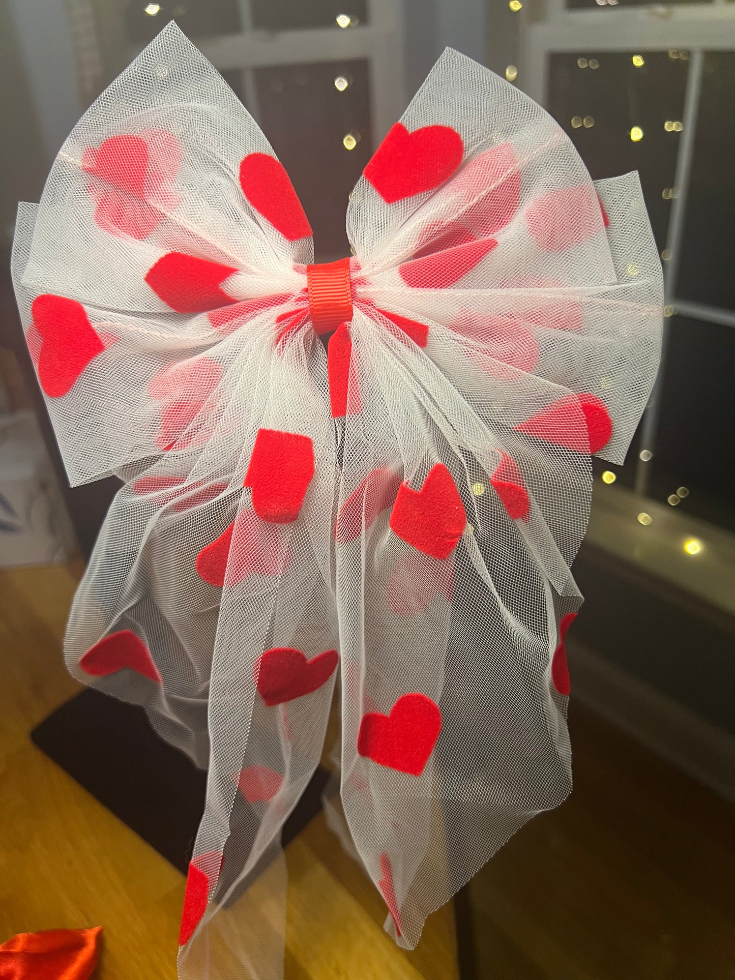 Bow- White sheer with red hearts