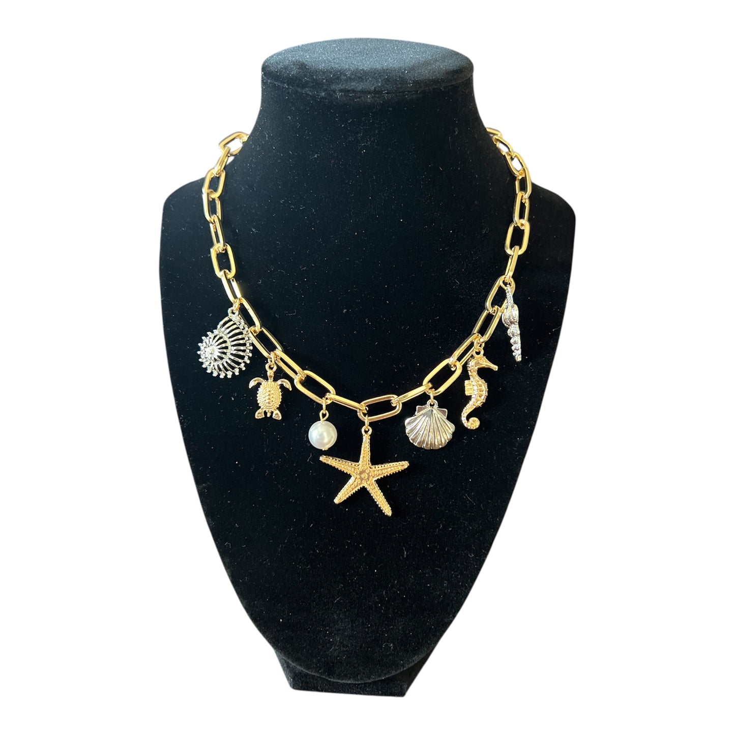 Starfish horse fish two tone charm necklace