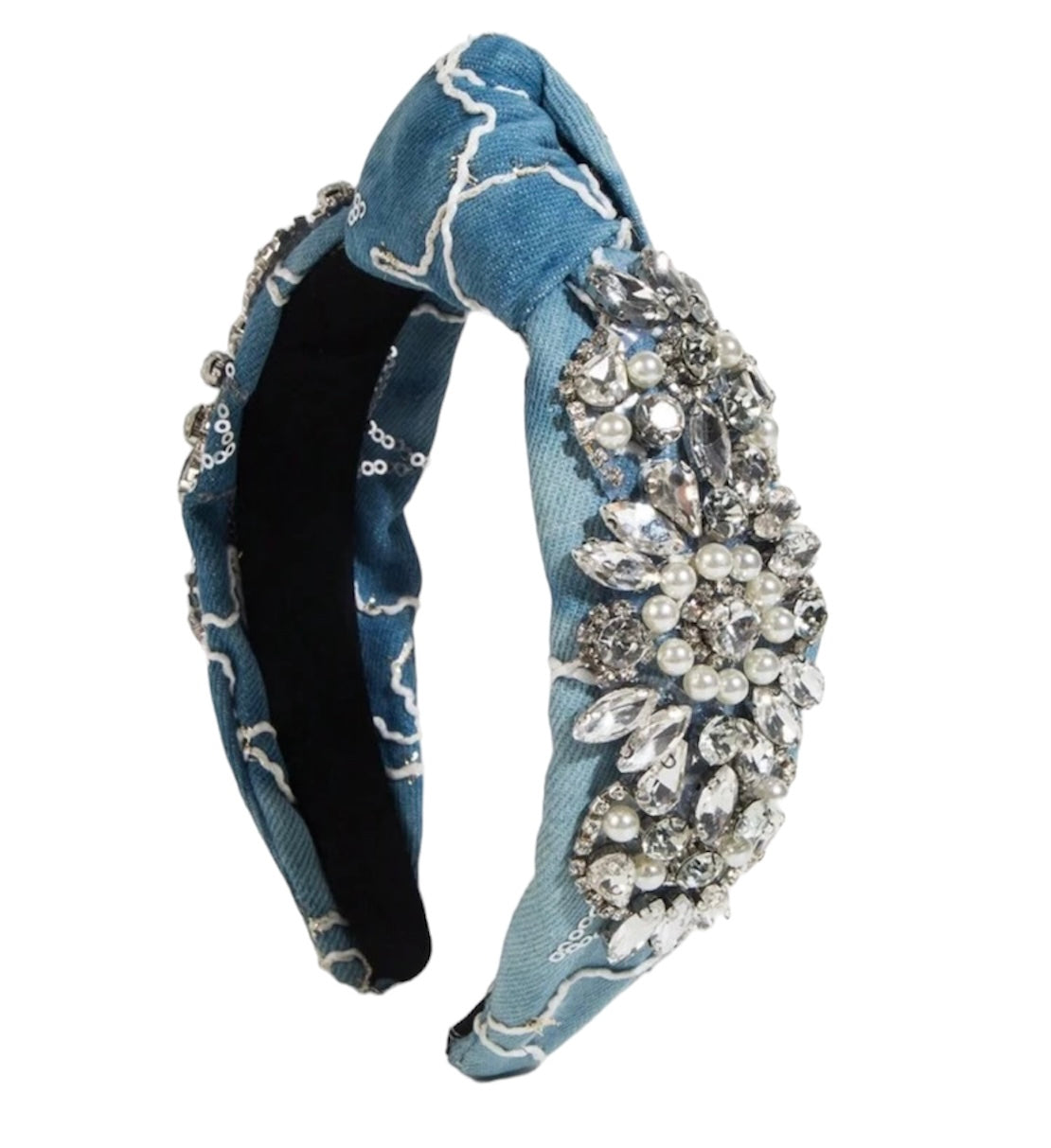 Denim With Faux Gems Pearl Decor Knot Headband