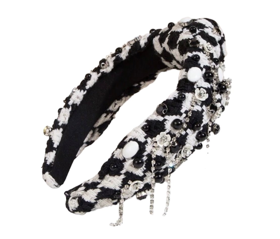 Black and White With Beaded Flowers and Chain Rhinestones