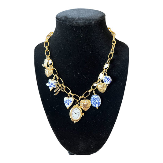 Clock blue and white beaded charm necklace