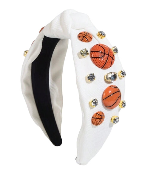 White Basketball Charm and Gem Decor Knot Headband