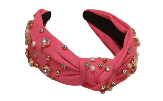 Pink Heart Decor Pink Gems Knot Headband