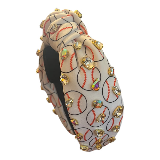 White baseball print with faux stones decor knotted headband