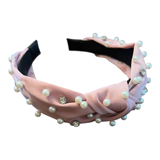 Pink faux pearl and rhinestone decor knotted headband