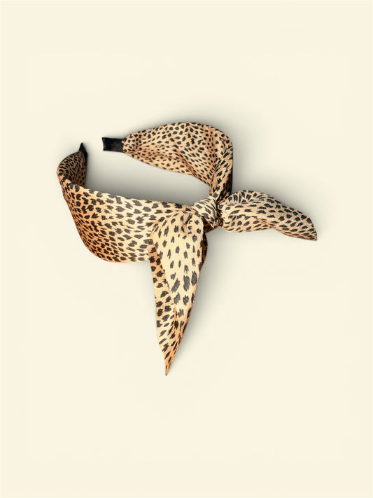 Brown spotted print twist bow headband