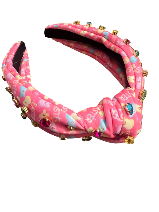 Bunny easter print headband with multicolored faux gems
