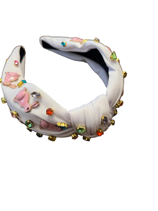 White pink bunny charm with multicolored faux gems
