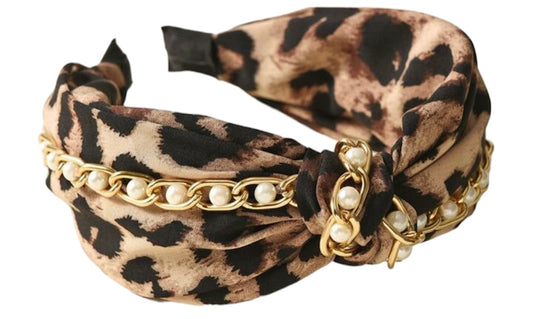 Leopard print with pearl and chain decor wide knot headband