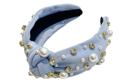 Blue Beaded and Rhinestone Knot headband