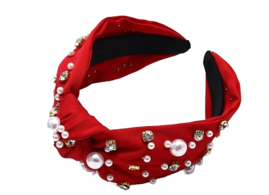 Red Solid Faux Pearl and Rhinestone Knot Headband