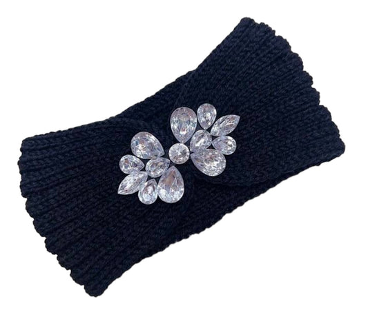 Black solid Knitted Gemstone Decor Soft Headband