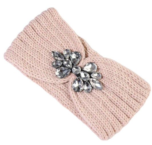 Pink Solid Knitted Gemstone Decor Wide Headband