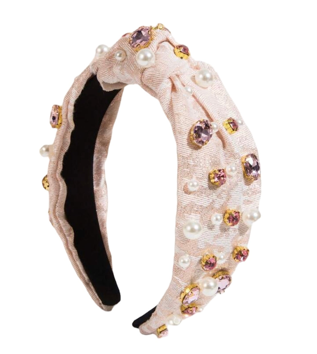 Pink Glittering Fabric Gems and Faux Pearls Decor Knot Headband