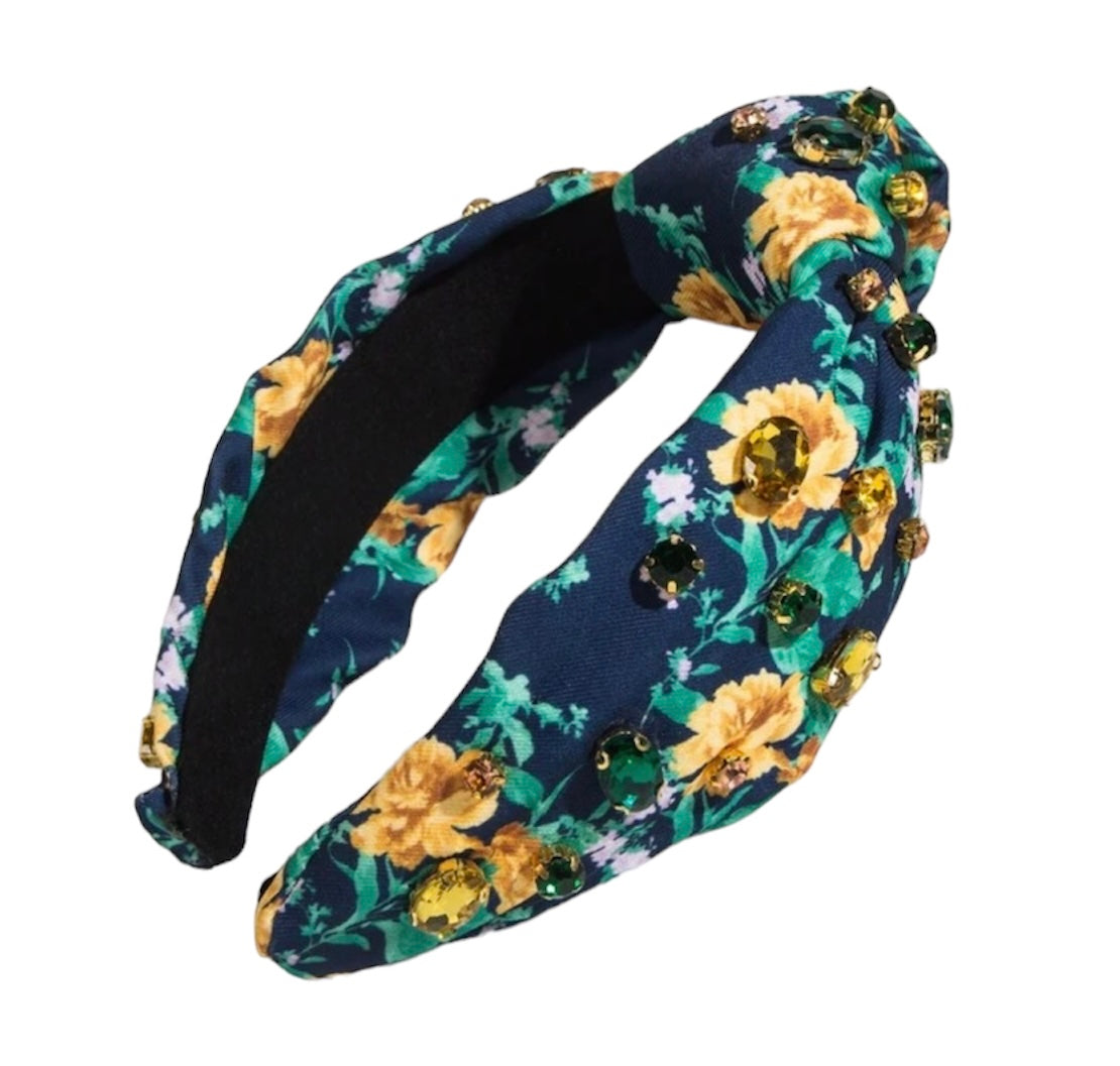 Blue Multicolored Floral Print with Multivolored Oval Gems Knot Headband