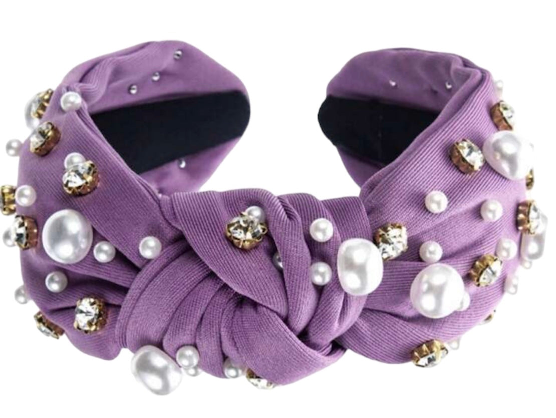 Purple Solid Rhinestone and Faux Pearl Knot Headband