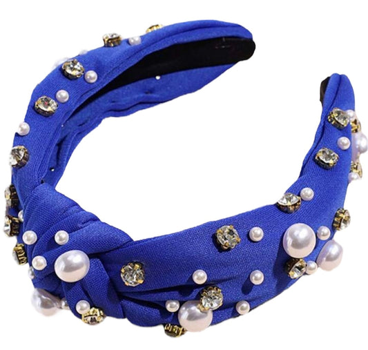 Blue Solid With Rhinestones and Faux Pearl Knot Headband